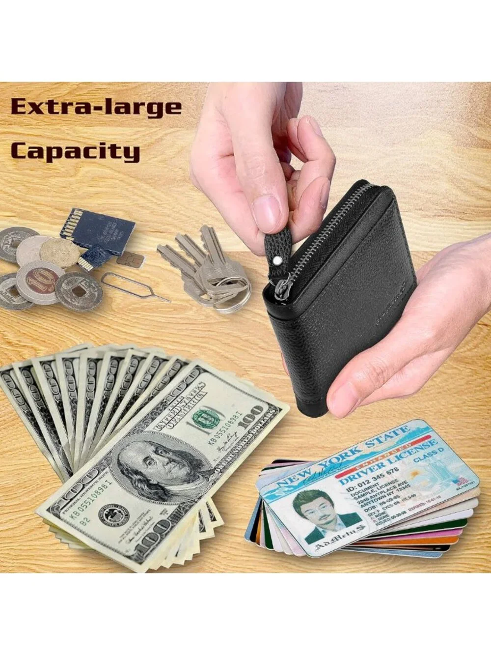 Men's RFID Blocking Leather Bifold Wallet with Zipper, Card Holder & Secure